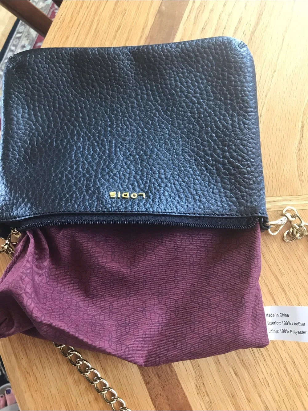 LODIS Black Pebbled Leather 2 Ways Chain Strap Zipper Clutch Crossbody Bag